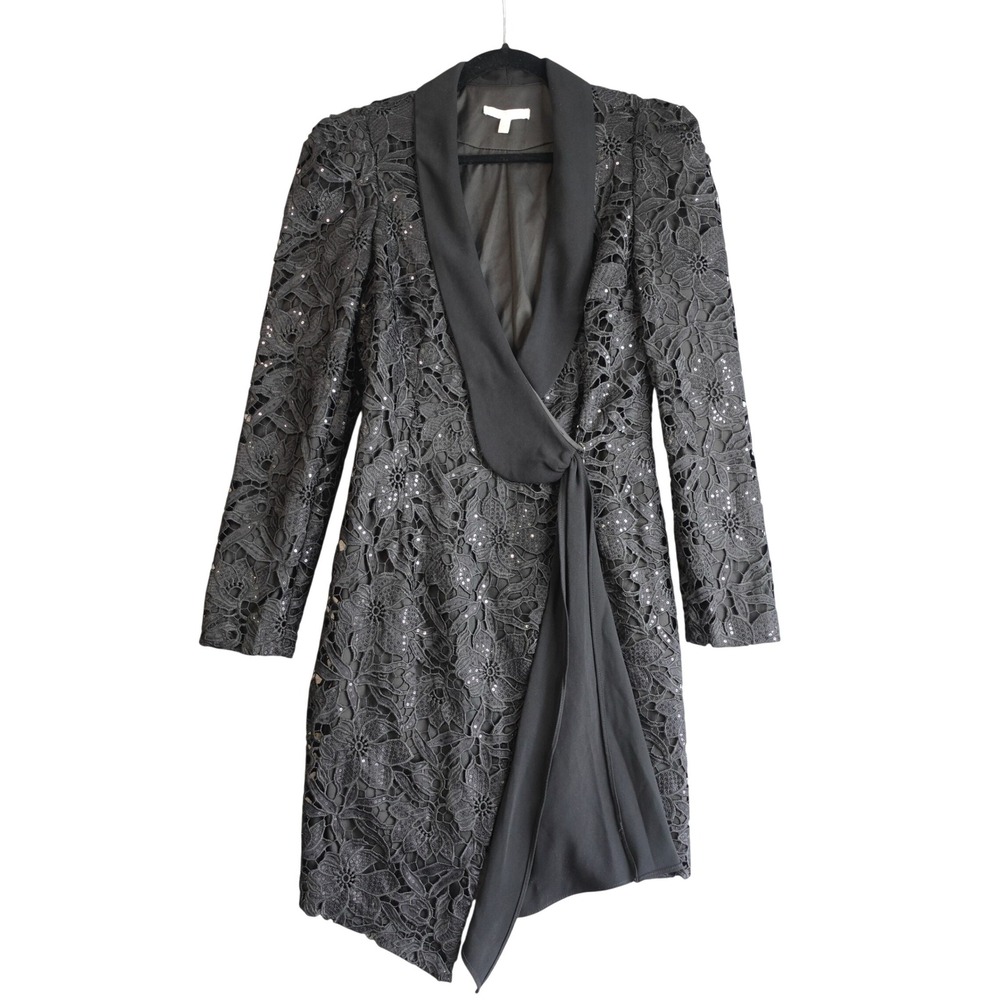 Harlyn Black Lace Tuxedo Wrap Mini Cocktail Dress Womens S Sequin Crochet Formal